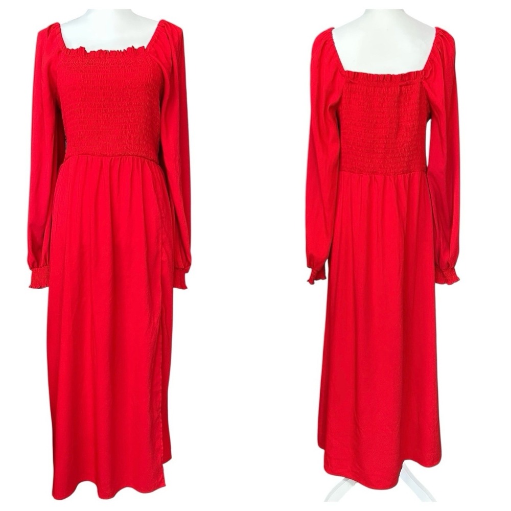 LA LIGNE Red Midi Dress sz L Smocked Bodice Balloon Sleeve Minimalist Workwear - Picture 2 of 12